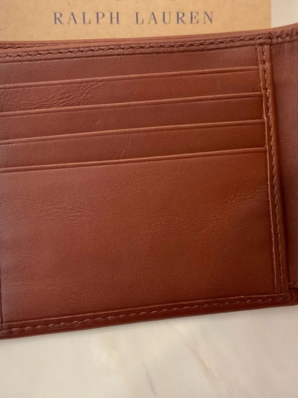 NIB Polo Ralph Lauren Brown FLAG SWEATER BEAR Leather Double Billfold Wallet